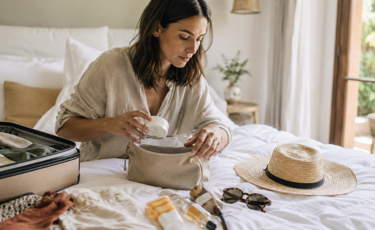 Femme preparant sa peau et sa trousse de soins avant les vacances