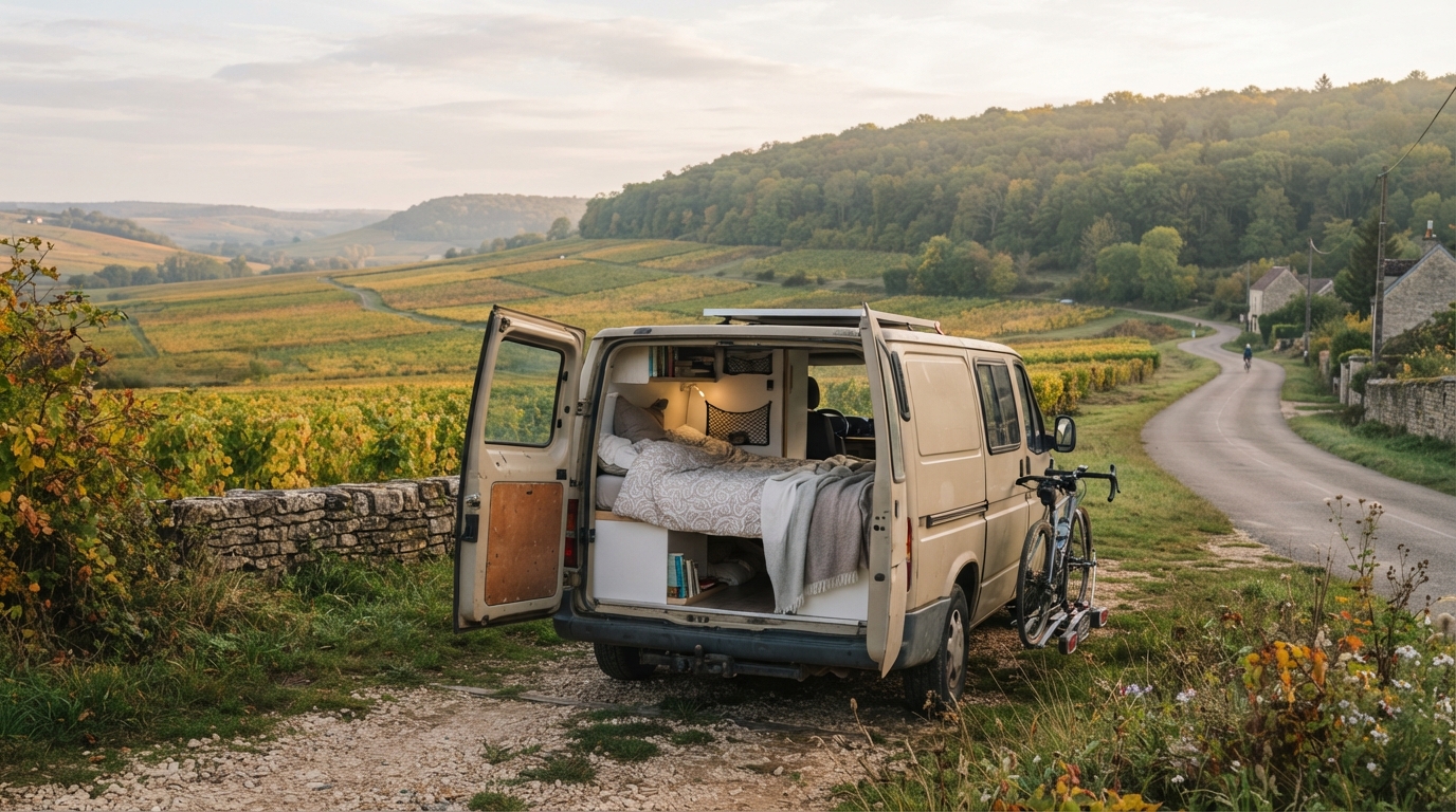 Van aménagé devant les vignobles et forêts de Bourgogne